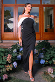 Black Sheath Off the Shoulder Ruched Maxi Formal Dress with Slit