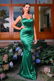 Dark Green Mermaid Spaghetti Straps Satin Maxi Formal Dress