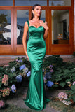 Dark Green Mermaid Spaghetti Straps Satin Maxi Formal Dress