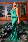 Dark Green Mermaid Spaghetti Straps Satin Maxi Formal Dress