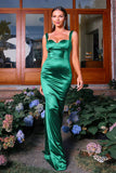 Dark Green Mermaid Spaghetti Straps Satin Maxi Formal Dress