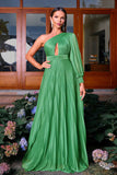 Green A-Line One Shoulder Keyhole Pleated Formal Dress