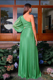 Green A-Line One Shoulder Keyhole Pleated Formal Dress