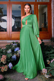 Green A-Line One Shoulder Keyhole Pleated Formal Dress