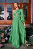 Green A-Line One Shoulder Keyhole Pleated Formal Dress