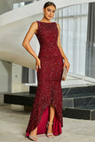 Sparkly Burgundy Mermaid Sequins Maxi Evening Dress with Slit