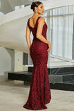 Sparkly Burgundy Mermaid Sequins Maxi Evening Dress with Slit