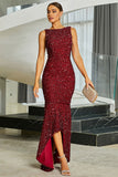 Sparkly Burgundy Mermaid Sequins Maxi Evening Dress with Slit