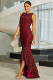 Sparkly Burgundy Mermaid Sequins Maxi Evening Dress with Slit
