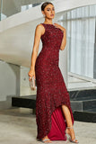 Sparkly Burgundy Mermaid Sequins Maxi Evening Dress with Slit