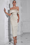 Apricot Off the Shoulder Sheath Tea Length Evening Dress