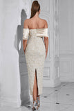 Apricot Off the Shoulder Sheath Tea Length Evening Dress