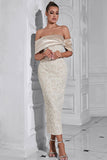 Apricot Off the Shoulder Sheath Tea Length Evening Dress