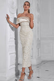 Apricot Off the Shoulder Sheath Tea Length Evening Dress