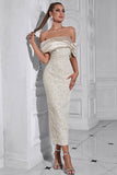 Apricot Off the Shoulder Sheath Tea Length Evening Dress