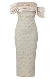Apricot Off the Shoulder Sheath Tea Length Evening Dress