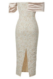 Apricot Off the Shoulder Sheath Tea Length Evening Dress