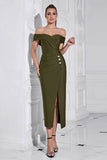 Sheath Off the Shoulder Army Green Tea Length Prom Dress with Slit