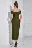 Sheath Off the Shoulder Army Green Tea Length Prom Dress with Slit