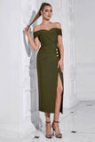 Sheath Off the Shoulder Army Green Tea Length Prom Dress with Slit