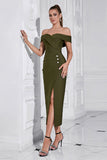 Sheath Off the Shoulder Army Green Tea Length Prom Dress with Slit