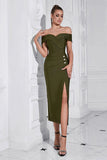 Sheath Off the Shoulder Army Green Tea Length Prom Dress with Slit
