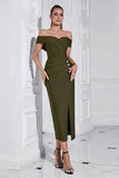 Sheath Off the Shoulder Army Green Tea Length Prom Dress with Slit