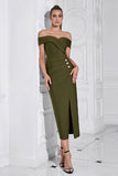 Sheath Off the Shoulder Army Green Tea Length Prom Dress with Slit