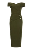 Sheath Off the Shoulder Army Green Tea Length Prom Dress with Slit