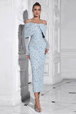 Light Blue Bodycon Cold Shoulder Long Sleeve Jacquard Prom Dress