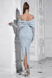 Light Blue Bodycon Cold Shoulder Long Sleeve Jacquard Prom Dress