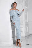 Light Blue Bodycon Cold Shoulder Long Sleeve Jacquard Prom Dress
