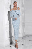 Light Blue Bodycon Cold Shoulder Long Sleeve Jacquard Prom Dress