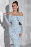 Light Blue Bodycon Cold Shoulder Long Sleeve Jacquard Prom Dress