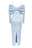 Light Blue Bodycon Cold Shoulder Long Sleeve Jacquard Prom Dress