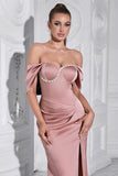 Grey Pink Sheath Off the Shoulder Sheath Formal Dress with Slit