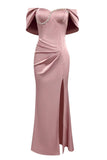 Grey Pink Sheath Off the Shoulder Sheath Formal Dress with Slit