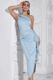 Light Blue Bodycon One Shoulder Tea Length Formal Dress with Ruffles