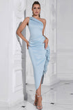 Light Blue Bodycon One Shoulder Tea Length Formal Dress with Ruffles