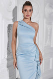 Light Blue Bodycon One Shoulder Tea Length Formal Dress with Ruffles