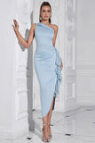Light Blue Bodycon One Shoulder Tea Length Formal Dress with Ruffles