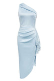 Light Blue Bodycon One Shoulder Tea Length Formal Dress with Ruffles
