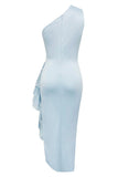 Light Blue Bodycon One Shoulder Tea Length Formal Dress with Ruffles