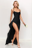 Chic Black Spaghetti Straps Maxi Formal Dress with Slit