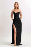 Chic Black Spaghetti Straps Maxi Formal Dress with Slit