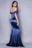 Dark Blue Mermaid Off the Shoulder Floor Length Prom Dress with Slit