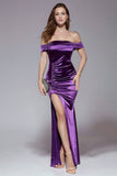 Dark Blue Mermaid Off the Shoulder Floor Length Prom Dress with Slit