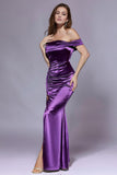 Dark Blue Mermaid Off the Shoulder Floor Length Prom Dress with Slit