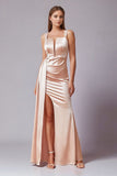 Blush Satin Sheath Long Wedding Guest Dress with Slit