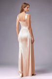 Blush Satin Sheath Long Wedding Guest Dress with Slit